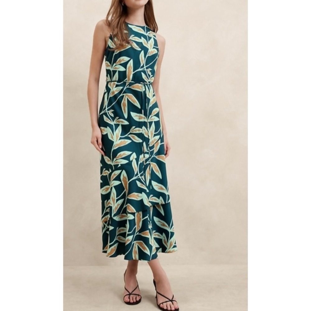 Banana Republic Teal Green Tan Leaves‎ Maxi Ruffles Tie Waist Dress Sz Small